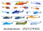 Set of helicopters on a white background. Rescue, civilian, cargo, military helicopters. Vector illustration in cartoon style