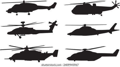 conjunto de helicópteros, silueta sobre fondo blanco, vector