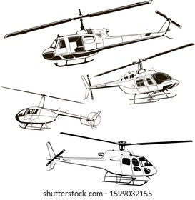 set of helicopters vector graphic drawing of helicopter, clip art, monogram, period of the Vietnam War, isolated black color logo illustration, jet, legendary, historic