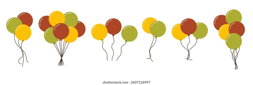 Set of helium balloons bunches on strings air flying up. Baloons in muted colors decor for birthday, party, event. Festive decoration inflatable balls. Flat vector illustrations object clip art