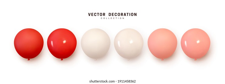 Set of helium balloons. Collection of realistic ballons of round shapes, different colors, matte and glossy shades. Festive colorful decorative 3d render object. Celebration decor. vector illustration