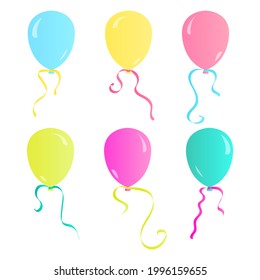 set of helium balloons of different colors with multicolored ribbons, isolated on white background. vector illustration for creating posters, banners and cards, as blue, green, pink and yellow.