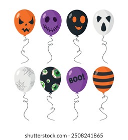 Set of helium balloons for Halloween on white background. Set of scary faces and patterns.