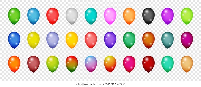 Set of helium balloons on transparent background, Birthday balloons flying for party, holiday, Celebration, background, congratulation, anniversary, gift, confetti, decoration, luxury, symbol, Vector