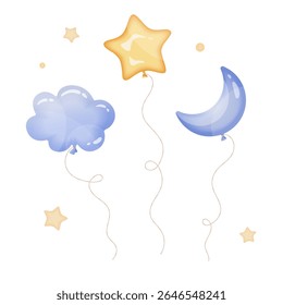 Set of helium balloons in the shape of a star, cloud and crescent moon. Vector illustration with golden and blue colors and highlights. Perfect for festive design, baby showers and kids’ party decor.