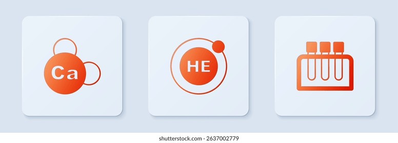 Set Helium, Mineral Ca Calcium and Test tube. White square button. Vector