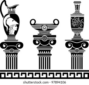 set of hellenic vases and ionic columns. stencils. vector illustration