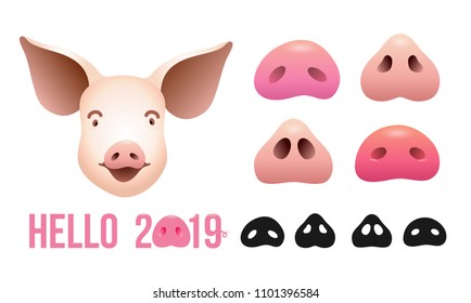 Set of hello 2019 funny card design with cartoons pigs nose. Collection of pig colored and black and white noses. Vector illustration. Isolated on white background.