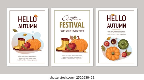 Set Hello Autumn greeting card. Poster template with pumpkin, boots and apple. Celebration harvest concept