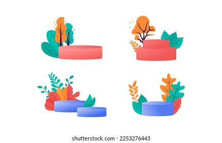 Set of Hello Autumn minimal background with autumn yellow, orange leaves and product podium. Fall leaves background for the design of Fall banners, posters, advertisements, cards, sales