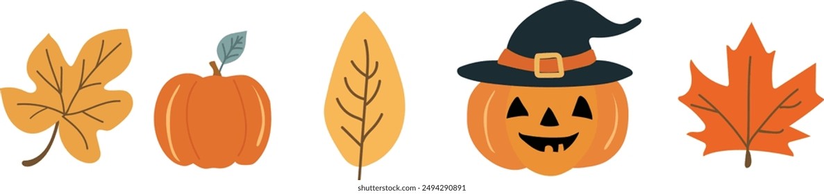 Set Hello autumn vector flat illustration with leaves and pumpkin