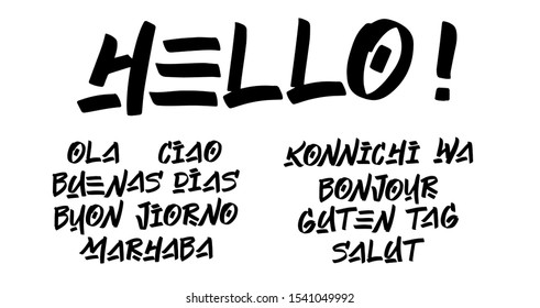 Set of hello brush paint hand drawn lettering on white background. Ola, Ciao, Buenas Dias, Buon Jiorno, Marhaba, Konnichi Wa, Bonjoir, Guten Tag, Salut design templates for greeting cards, posters