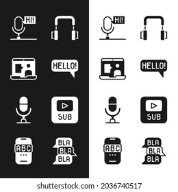 Set Hello in different languages, Foreign online study, Microphone voice device, Headphones, Video with subtitles, Speech bubble chat and icon. Vector