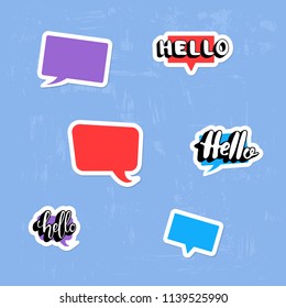 Set of Hello and empty speech bubbles stickers on textured background. Hello quote elements for banner, poster, social media networks. Vector illustration.