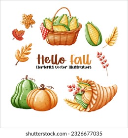 Set Hello Fall Autumn Pumpkin and Corn Elements Watercolor Vector File ,Clipart Cute cartoon style For banner, poster, card, t shirt, sticker 