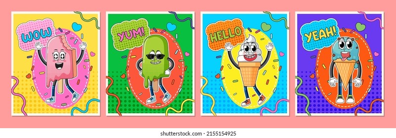 Set of hello ice cream comic cartoon word expression  illustration