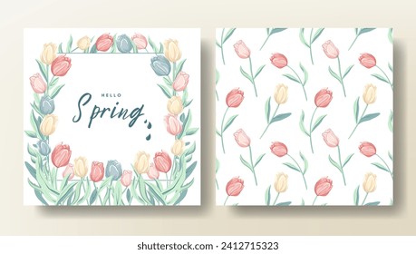 Set of Hello spring card and seamless pattern with tulips, spring template. Flower pattern