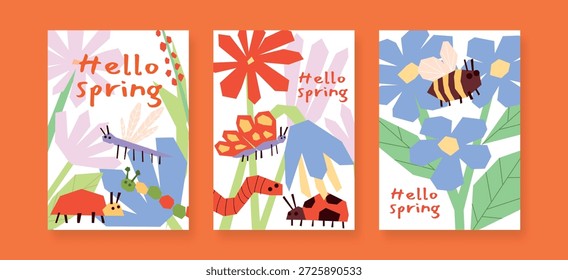 Conjunto de tarjetas de Hello Spring, insectos infantiles lindos, abeja, mariposa, libélula, mariquita, oruga, geométrica Doodle flores y hojas, cartel de felicitación de colores y Anuncio, Ilustración vectorial plana