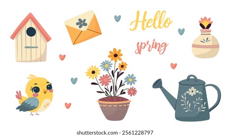 Set Hello spring, flowers, birds have arrived, letter, birdhouse, flowers in a pot, watering can. For design