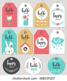 Set hello spring. Gift tags and cards. Vector illustration