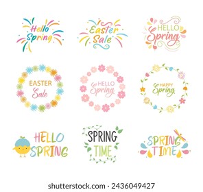 Conjunto de tipografía de letras de primavera Hello. Elementos de postales de caligrafía, flores, hojas, conceptos de primavera. Etiquetas de primavera con citas de caligrafía de temporada, guirnaldas. Dibujado a mano ilustración vectorial