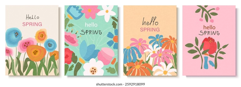 A set of "Hello to Spring" posters with hand-drawn flowers.  The inscription "Spring season" with an advertising text for a greeting card,an invitation template. Modern banner poster template.