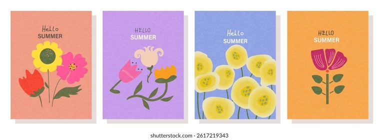 A set of "Hello to Spring" posters with hand-drawn flowers.  The inscription "Spring season" with an advertising text for a greeting card,an invitation template. Modern banner poster template.