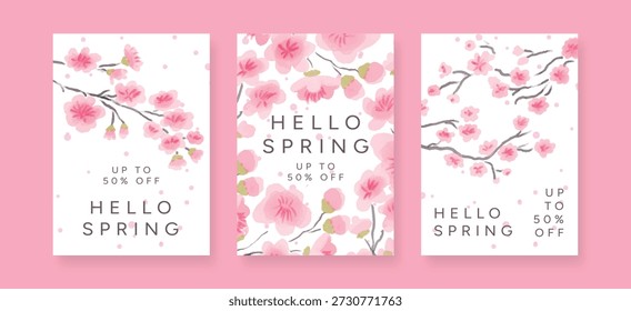 Set von Hello Spring Sale Poster, Sakura Kirschblütenzweige, rosafarbene Blütenblätter, bis zu 50 Prozent Rabatt auf Text, Aquarell, flache Vektorgrafik