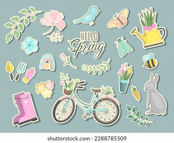Set of hello spring stickers in doodles style. Collection of scrapbooking elements, labels. Vector seasonal elements.