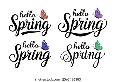 Set of Hello Spring vector lettering text greeting card special springtime typography with white background