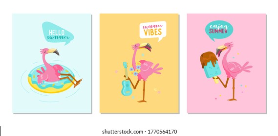 Set Of Hello Summer Banners With Pink Flamingo Play Ukulele, Float Inflatable Ring And Eating Ice Cream. Cartoon Character Summertime Vacation. Kawaii Cute Bird Summer Vibes. Vector Illustration