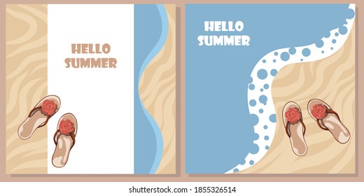 Set. Hello summer. Beach flip flops in the sand. Trendy vector illustration in flat style.
