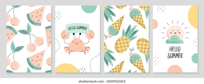 Set of hello summer cards with crab, pineapple, ice cream, sun, cherry and watermelon. Flat vector illustration