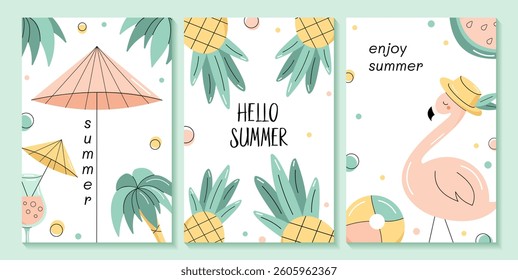 Set of hello summer cards with flamingo, pineapple, sun umbrella, palm tree. Flat vector illustration