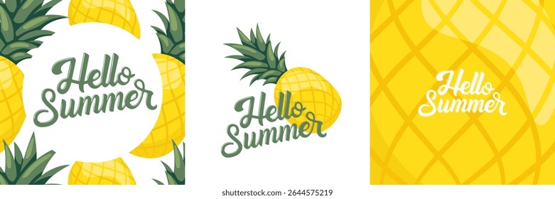 Set of Hello Summer cards with refreshing pineapple designs. Creative summer greetings