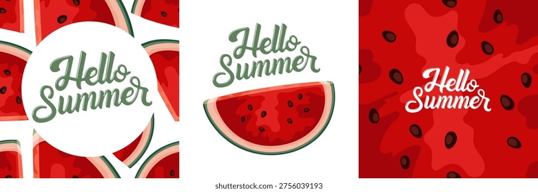 Set of Hello Summer cards with refreshing watermelon designs. Creative summer greetings