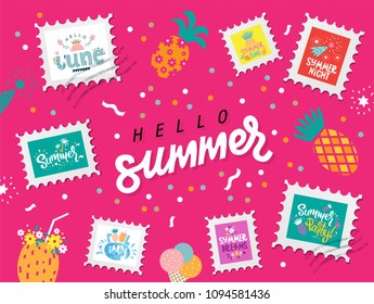 Set Hello summer, hand-drawn lettering.  Stamps with summer quotes and vector illustrations: Pool party, Hello June. Summer party. For banners, greeting card, poster, summer sale season 