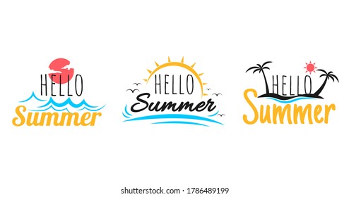 Set of hello summer holiday brush lettering with sun, palm tree and sea wave symbol vector background