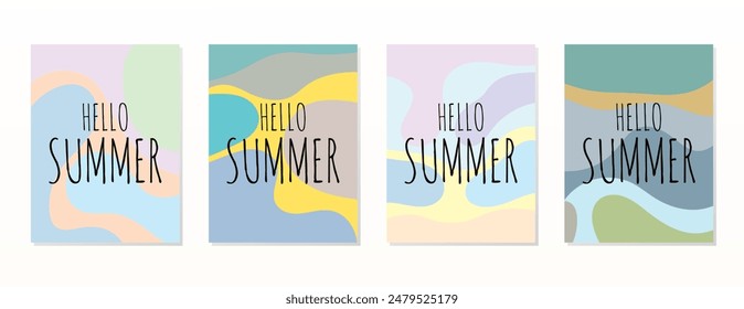 SET HELLO SUMMER POSTER BACKGROUND BRIGHT ABSTRACT HANDDRAWN SHAPE FLAT PASTEL COLORFUL DESIGN VECTOR. GODD FOR FLYER, BANNERS, PRINT, WEBSITE, WALLPAPER, COVER DESIGN, GREETING CARD