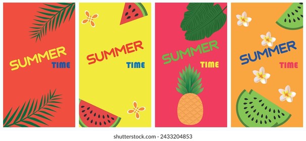 Conjunto de carteles de hola verano. Hermoso fondo brillante con piña, kiwi, sandía, hojas tropicales y flores. Ilustración vectorial para sitio web, carteles, publicidad, cupones, banners.