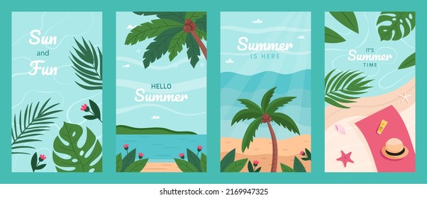 Set of Hello Summer stories backgrounds with beach, sea, palms and tropical leaves. Flat vector illustration