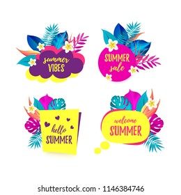 A set of Hello Summer, Summer Vibes, Sale, Welcome Summer cartoon speech bubbles, banners with realistic tropical palm leaves and frangipani flowers. Speaking bubble in different shapes. Vector