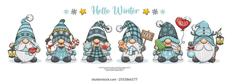 Set von Hello Winter mit niedlichen Gnome Banner Design, Cartoon Illustration