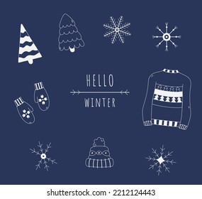 Set of hello winter doodles isolated. Hand drawn snowflakes, Christmas trees, sweater, mittens. Winter vector flat outline illustration