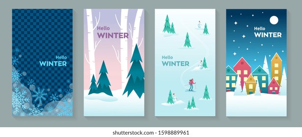 Set of Hello Winter vector postcards or background images oriented vertically, with snowy landscape, snowflakes, trees and cozy town in snowfall