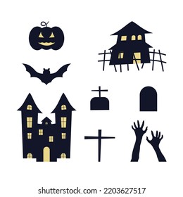 Set of helloween elements. Castle, haunted house, zombie's hand, pumpkin, graves