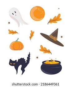 set of helloween vector icons on the white background with brown witch hat and orange pampkin and 
boiling potion in a cauldron and 
flying ghost
