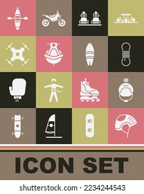 Set Helmet, and action camera, Climber rope, Snowboard, Jet ski, Drone flying, Kayak or canoe and Surfboard icon. Vector