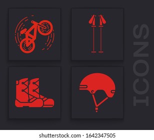 Set Helmet, Bicycle trick, Ski poles and Boots icon. Vector