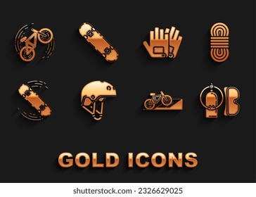 Set Helmet, Climber rope, Diving mask and aqualung, Bicycle on street ramp, Skateboard trick, Gloves,  and  icon. Vector